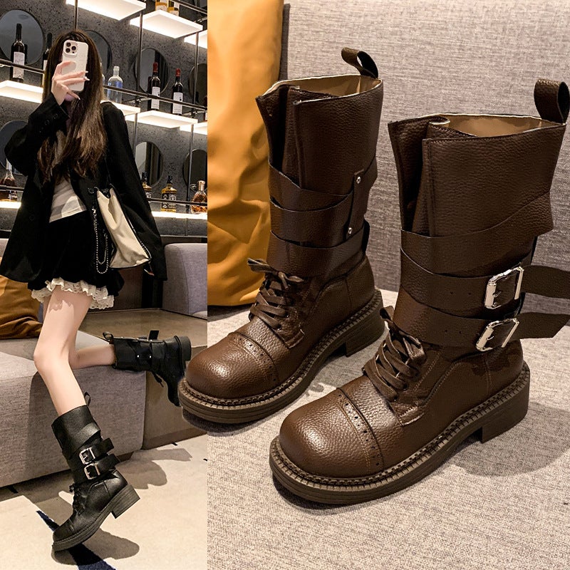 Western Cowboy Boots With Belt Buckle Versatile Mid-Calf Riding Boots European Style British Style Ins Super Popular Motorcycle Boots - Image 3